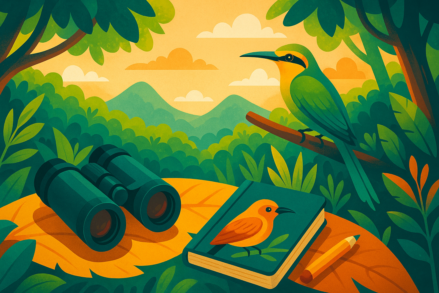 Tropisch regenwoud met verrekijker, notitieboek en bijeneter – voorbereiding op vogels spotten in Sri Lanka