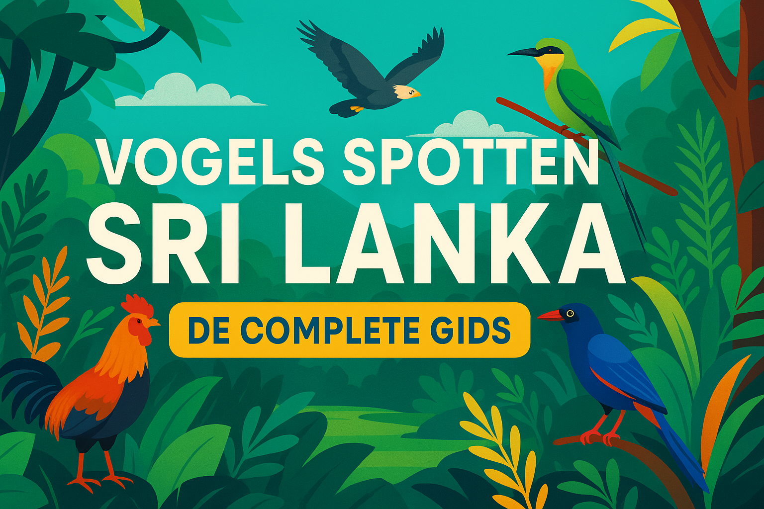 Vogels spotten Sri Lanka in tropisch regenwoud – illustratie met kleurrijke vogels